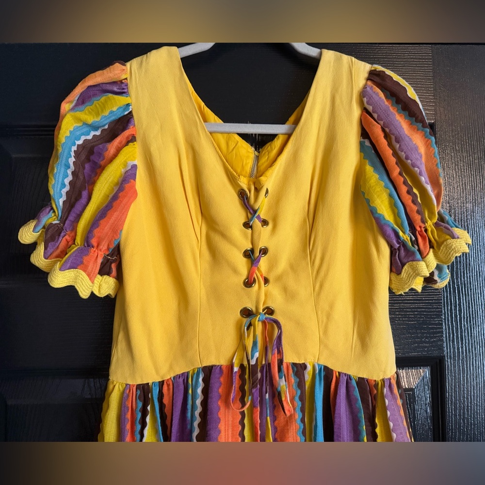 Vintage Women’s 60s 70s Yellow Ruffle Tie Maxi Dress S - Picture 3 of 4
